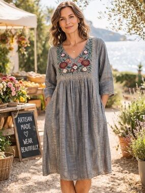 Novica Gray Blue Embroidered Boho Dress Size Small Cotton Lurex Pocket